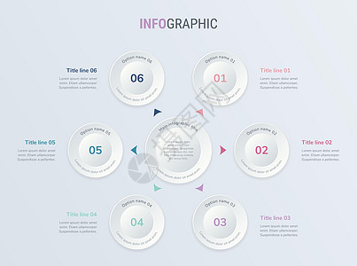 带有圆形元素的复古矢量信息图表时间线设计模板 内容时间表时间线图工作流程业务信息图表流程图  6 个选项信息图数据收藏技术箭头营图片