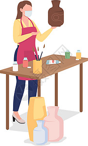 烘焙工作室女人画粘土花瓶平面颜色矢量不露面的特征插画