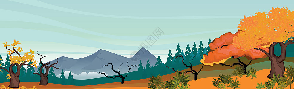 山地秋季全景景观 阳光明媚的日光     矢量季节天空艺术植物场地叶子农村横幅橙子场景图片