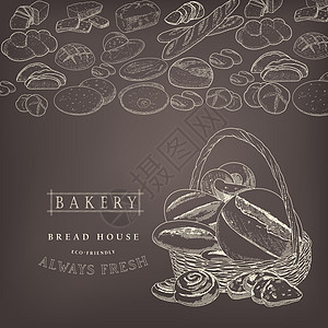 面包店标志面包在篮子里饮食菜单草图脆皮雕刻咖啡店包子收藏木刻蛋糕图片