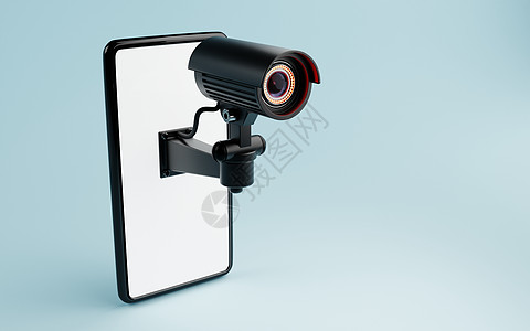 在蓝背景的白色智能手机显示上隔离的闭路电视安保摄像头 财产和房主概念内安全可靠的技术 复制空间 3D 插图图片
