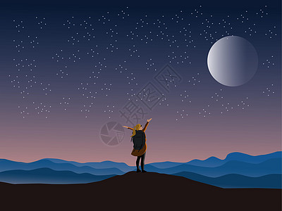 背着背包的女人双臂抱在山峰上 背景是月亮和星星图片