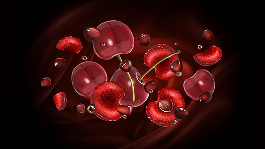 棕色背景的樱桃 石榴粒和巧克力滴子图片