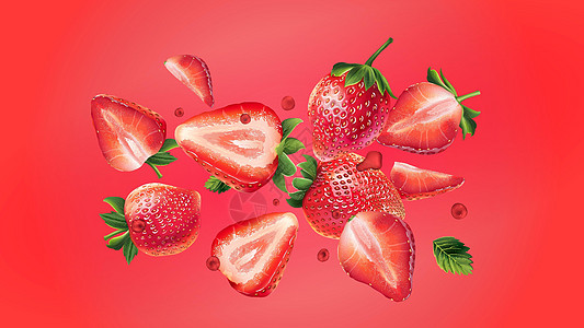 红色背景的新鲜草莓飞翔图片
