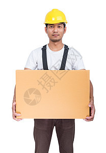 笑笑的男人举起一个背背腰带的纸板盒盒子创伤疼痛帽子扭伤腕骨装载机头盔男人胸部图片