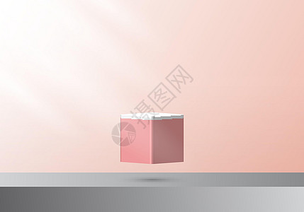 漂浮在空气中的 3D 粉红色立方体基座 带有最小的墙壁场景图片