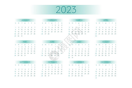 2023 袖珍日历模板采用严格的简约风格 带有蓝绿色渐变元素水平格式 星期从周日开始图片