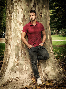 公园里有迷人的年轻男子 在树旁休息男人成人身体头发男性思维数字图片