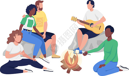 围坐在篝火旁的朋友半平面彩色矢量字符图片
