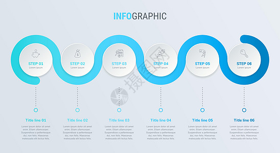 蓝色时间线图表设计矢量  6 个选项的圆形工作流程布局 矢量图时间线模板图片