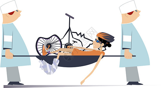 受伤的骑自行车的女人破自行车和两名医生制作图案图片