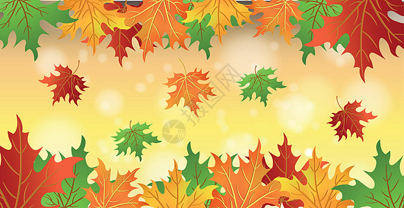 Bokoh背景上现实的秋天树叶  矢量墙纸横幅艺术橡木框架枫叶植物学金子森林植物插画