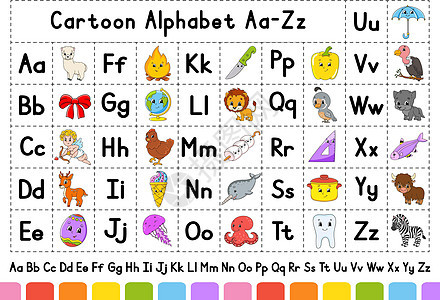 带有卡通人物的英文字母表 矢量集 明亮的色彩风格 学习 ABC 小写字母和大写字母图片