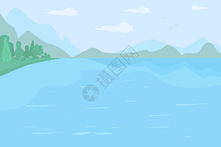 被群山环绕的大湖平面彩色矢量它制作图案图片