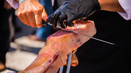 火腿炒饭传统西班牙火腿刀具食物服务猪肉男人主食熟食菜单市场小吃背景