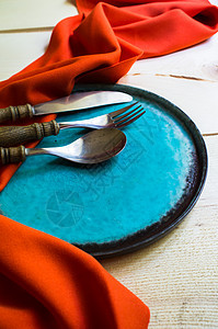 音调样式表设置亚麻织物材料桌子环境厨房餐厅毯子盘子蓝色图片