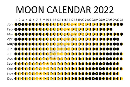 2022 年月亮日历 占星日历设计 规划师 贴纸的地方 月周期计划器模型 孤立的黑色和白色背景打印日程新月十二生肖宇宙月光海报天图片