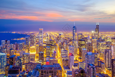 美国日落伊利诺伊州 市中心芝加哥天线天际地标建筑景观城市支撑办公室天空街道日落图片