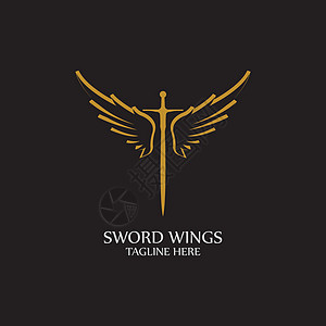 带翅膀的剑 黑色背景上的金色剑符号防御品牌商业优胜者卡片字体桂冠花圈字母插图图片