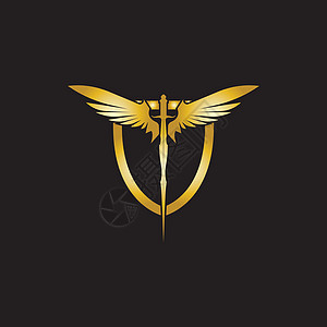 带盾牌矢量图标的金翅剑优胜者商业桂冠插图徽章字体字母花圈防御翅膀图片