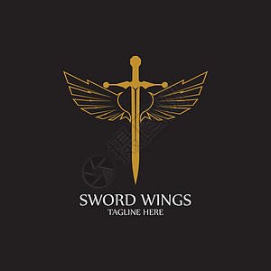 带翅膀的剑 黑色背景上的金色剑符号徽章商业品牌字母收藏卡片优胜者公司防御插图图片