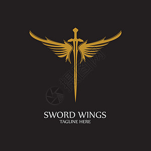 带翅膀的剑 黑色背景上的金色剑符号卡片公司勋章花圈安全标识徽章插图防御字体图片