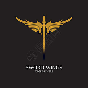 带翅膀的剑 黑色背景上的金色剑符号安全防御勋章商业卡片收藏公司徽章桂冠插图图片