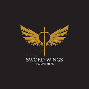 带翅膀的剑 黑色背景上的金色剑符号标签安全商业字体勋章优胜者标识花圈卡片徽章图片