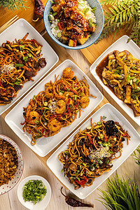 各种亚洲食品炒菜烹饪面条蔬菜美食牛肉餐厅洋葱菜肴午餐图片