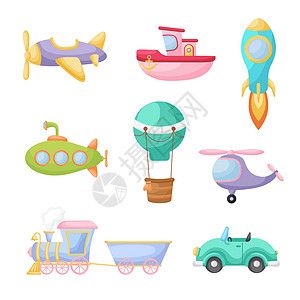 收集可爱的卡通交通工具 一套用于设计儿童图书专辑婴儿淋浴贺卡派对邀请屋内部的车辆 明亮的彩色幼稚矢量图交通机器喷射孩子们汽车卡通图片