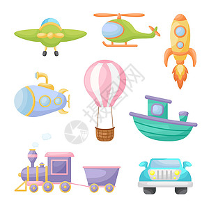 收集可爱的卡通交通工具 一套用于设计儿童图书专辑婴儿淋浴贺卡派对邀请屋内部的车辆 明亮的彩色幼稚矢量图旅行直升机汽车打印生日飞船图片