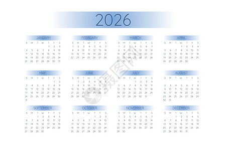 2026 袖珍日历模板采用严格的简约风格 带有蓝色渐变元素水平格式 星期从周日开始背景图片