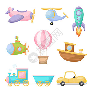 收集可爱的卡通交通工具 一套用于设计儿童图书专辑婴儿淋浴贺卡派对邀请屋内部的车辆 明亮的彩色幼稚矢量图男生孩子飞机生日潜艇卡通片图片