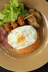 美式早餐 炒米饭烹饪香肠香料菜单热狗勺子午餐盘子熏肉食物图片