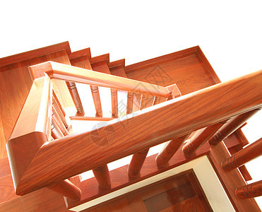 在白色背景上隔离的木制楼梯和扶手家具大厅装饰棕色奢华建筑风格木头财产建筑学图片