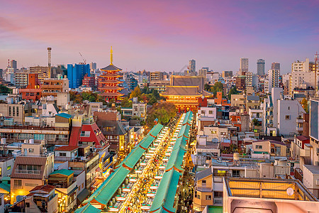 日本东京浅草地区的顶端视图崇拜地标街道寺庙宗教纪念品旅游市场景观宝塔图片