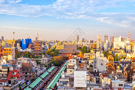 日本东京浅草地区的顶端视图纪念品日落街道市场旅游建筑学吸引力全景神道宝塔图片