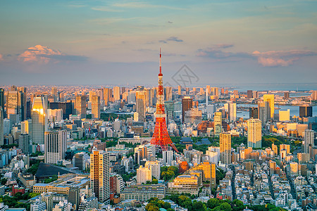 东京与日本东京塔的东京天际线全景市中心街道建筑学景观天线地标场景商业天空图片