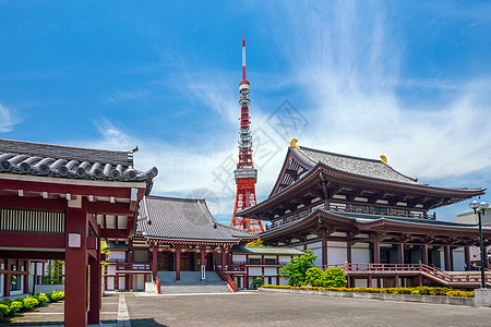 Zojo ji寺和东京塔的景象文化地标寺庙旅行建筑学宗教观光神社蓝色城市图片