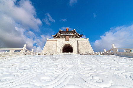 台北的清介石纪念碑纪念馆大厅文化建筑学城市历史性旅游首都蓝色寺庙图片