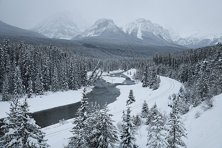 火车跟踪莫朗特的冬季雪雪曲线旅游天空旅行公园运输顶峰风景森林铁路季节图片