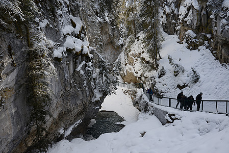 约翰斯顿峡谷 冬雪班夫人行道小路悬崖岩石国家公园白色踪迹风景远足图片