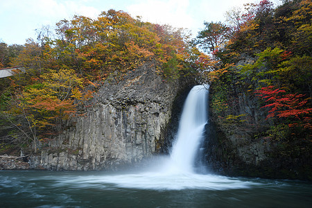 秋色的东北瀑布溪流旅行风景国家公园叶子瀑布季节绿色白色峡谷图片