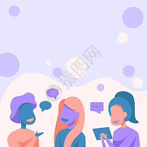 快乐的朋友绘图站着用泡泡和平板电脑互相交谈 同事设计站互相交谈进行有趣的对话商业女性卡通片教育孩子技术家庭男人商务计算机图片