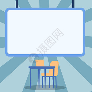 空白的白板绘图 笔记本电脑放在带椅子的桌子上 带有电脑桌和座椅的空板设计显示空的书写空间计算机绘画工作广告牌卡通片创造力办公室墙图片