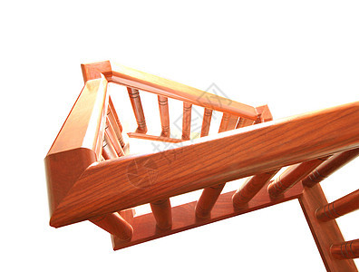 在白色背景上隔离的木制楼梯和扶手棕色大厅建筑奢华财产风格螺旋建筑学木头栏杆图片