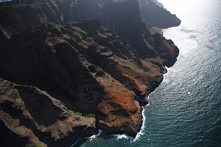 Kauai海岸景观热带悬崖崎岖旅游绿色海滩天堂海洋风景直升机图片