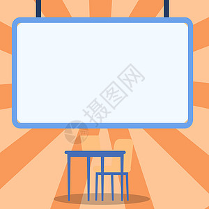 空白的白板绘图 笔记本电脑放在带椅子的桌子上 带有电脑桌和座椅的空板设计显示空的书写空间黑板蓝色教育商业创造力图形绘画木头金属墙图片