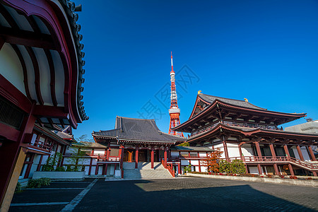 与东京塔相比 Zojoji寺庙的景象神道天际城市景观观光崇拜旅行蓝色建筑物入口图片