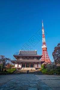 与东京塔相比 Zojoji寺庙的景象旅行神道宗教建筑学崇拜入口天空天际城市神社图片